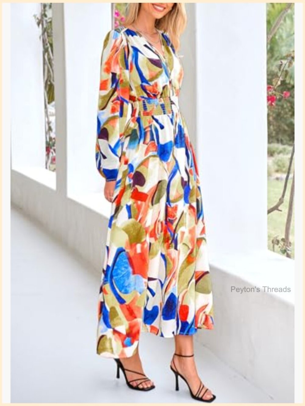 Women's Floral Midi Dress V Neck Long Sleeve Flowy A-Line - Picture 4 of 7